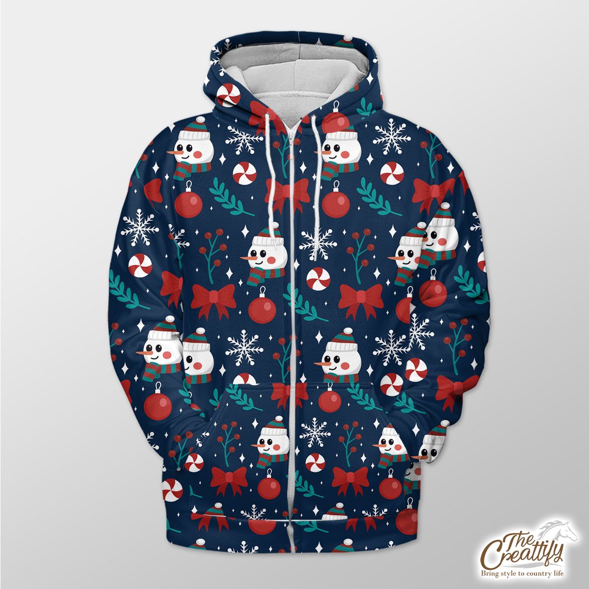 Snowman Face With Baubles And Christmas Bow Zip Hoodie