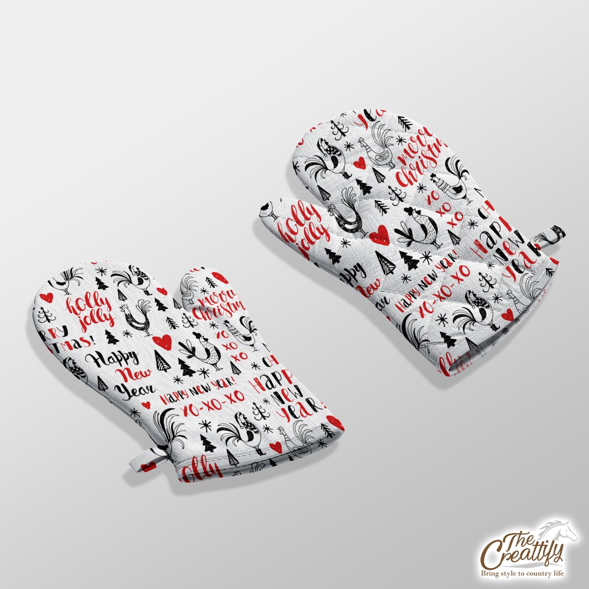 Holly Jolly, Merry Christmas With Turkey And Pine Tree Silhouette White Pattern Kitchen Gloves