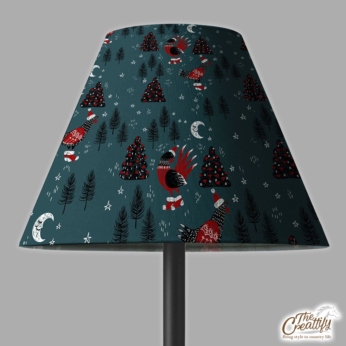 Christmas Turkey With Santa Hat, Sweater And Red Socks On The Pine Tree Background Lamp Cover