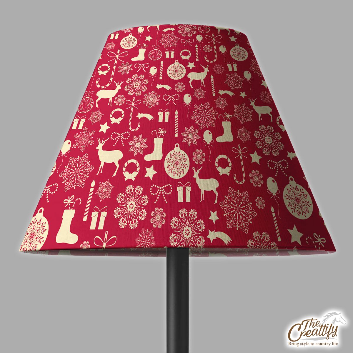 Happy Christmas With Reindeer, Christmas Balls, Socks, Candy Canes On Snowflake Background Lamp Cover