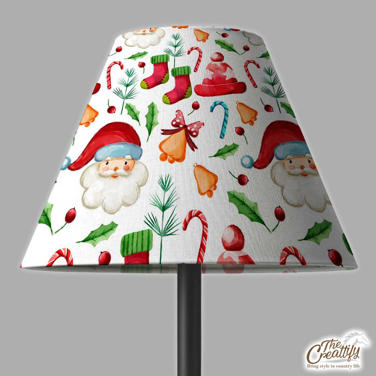 Santa Claus, Christmas Hat, Red Socks, Candy Canes, Bells And Holly Left Lamp Cover