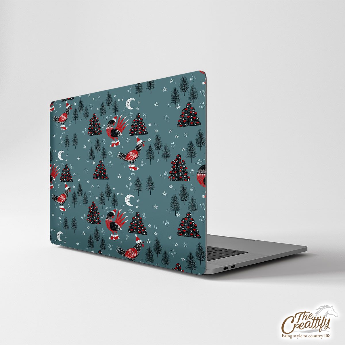 Christmas Turkey With Santa Hat, Sweater And Red Socks On The Pine Tree Background Laptop Skin