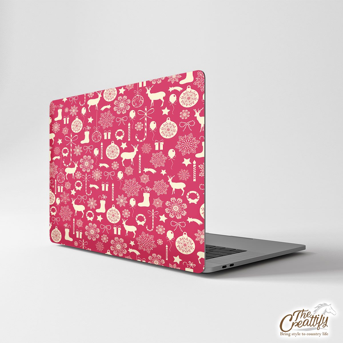 Happy Christmas With Reindeer, Christmas Balls, Socks, Candy Canes On Snowflake Background Laptop Skin