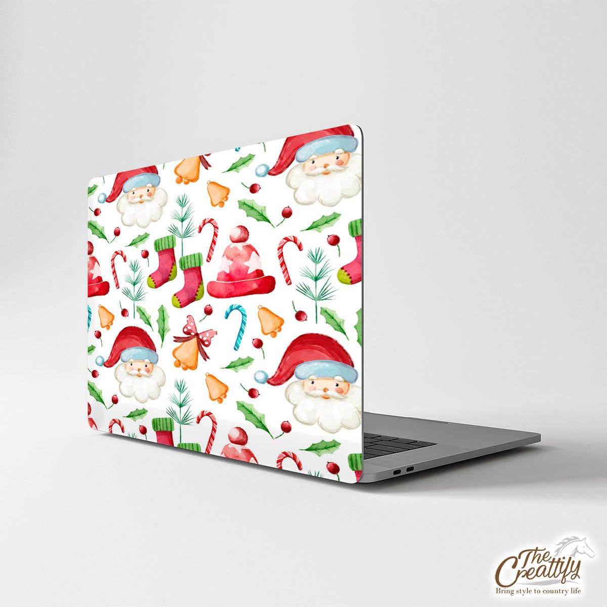 Santa Claus, Christmas Hat, Red Socks, Candy Canes, Bells And Holly Left Laptop Skin