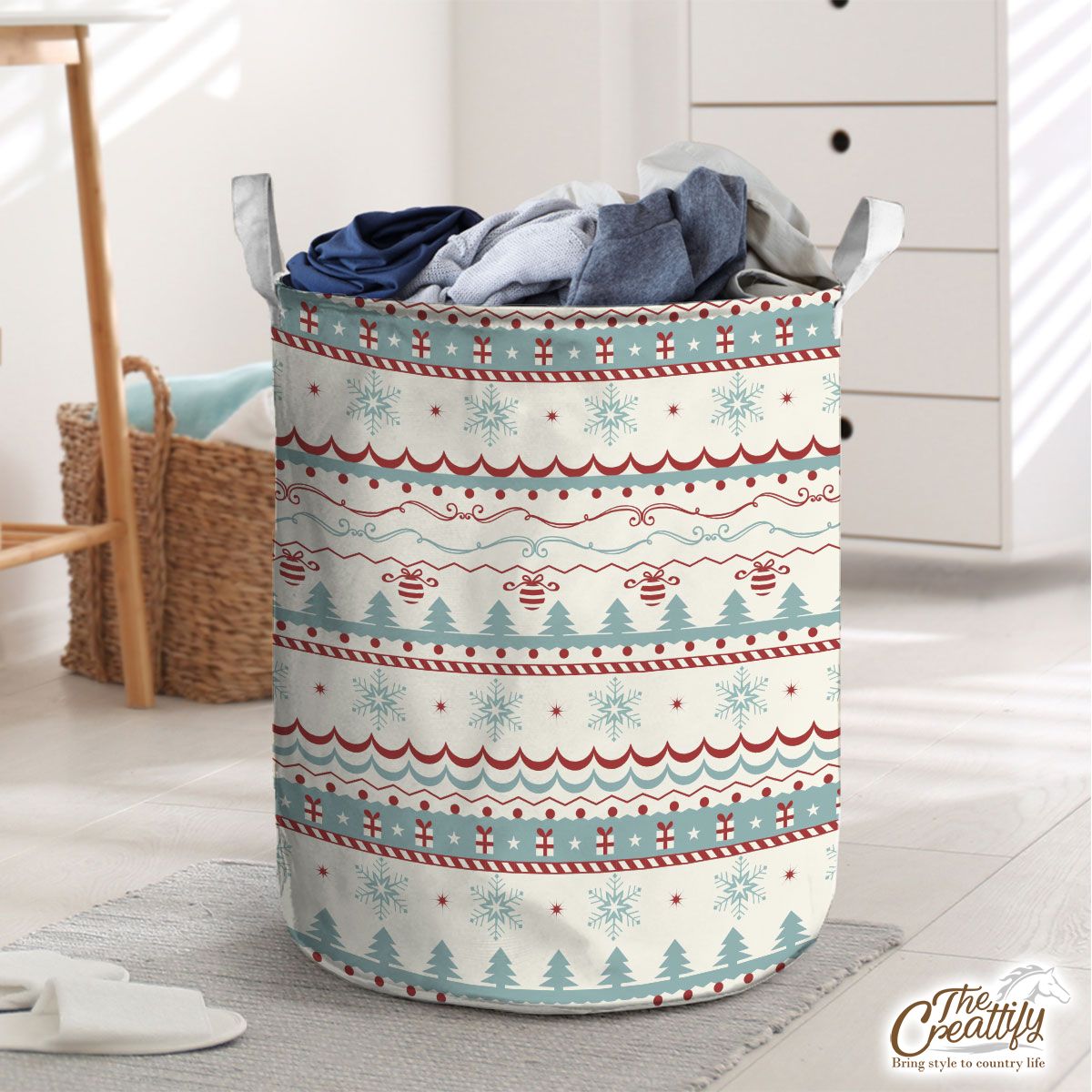 Christmas Gifts, Snowflake And Pine Tree Silhouette Pattern Laundry Basket