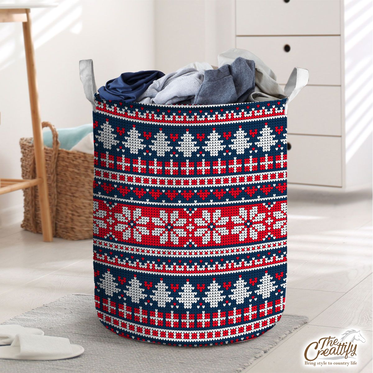 Christmas Gifts, Snowflake And Pine Tree Silhouette Seamless Pattern Laundry Basket