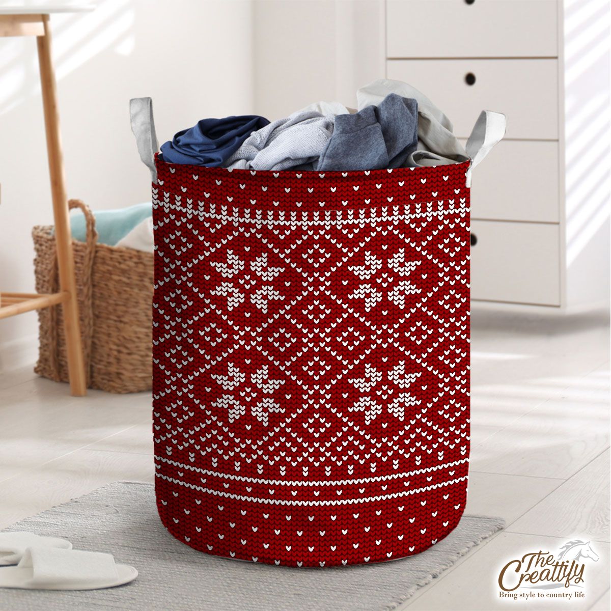 Christmas White Snowflake On Red Laundry Basket