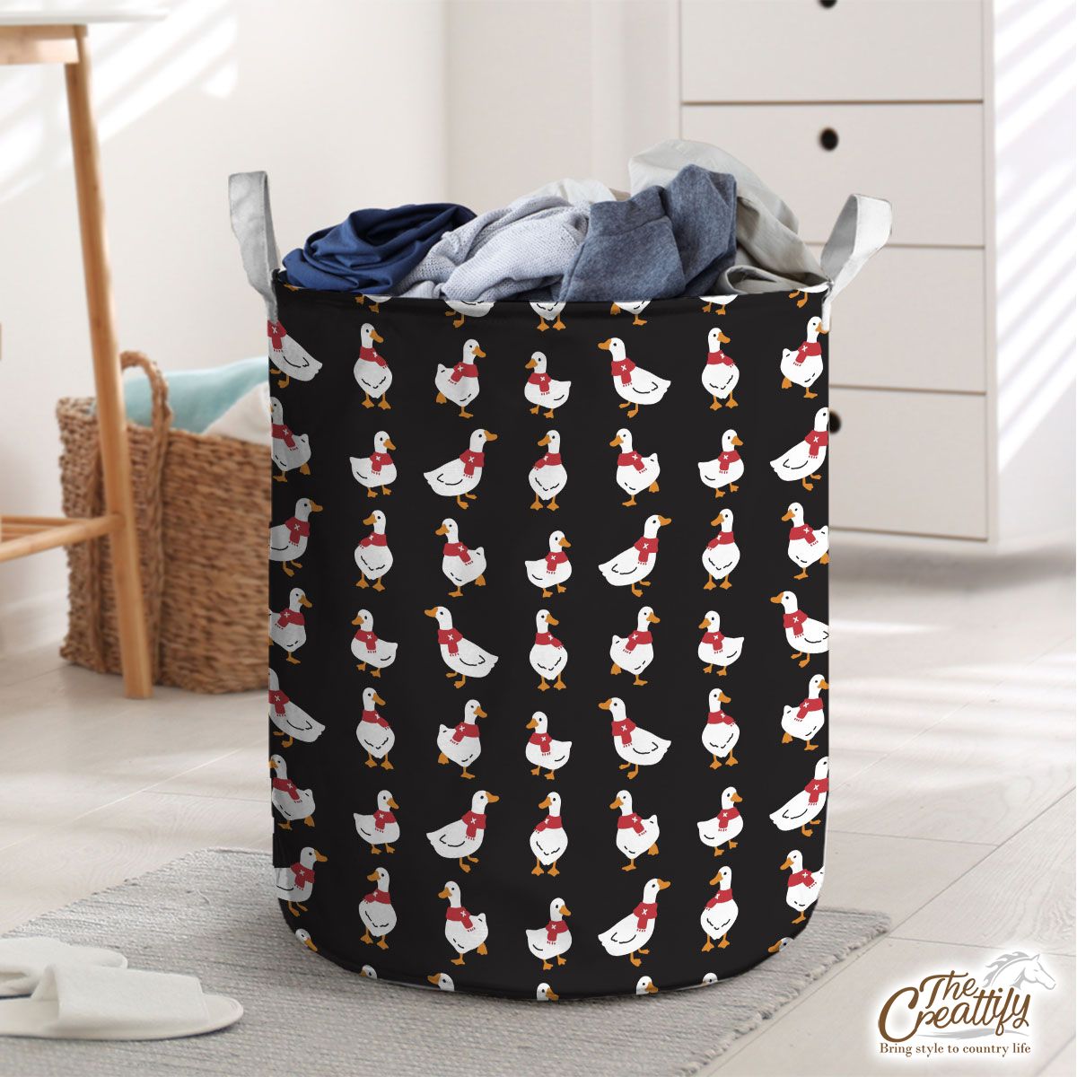 Duck With Christmas Scarf On The Dark Background Laundry Basket