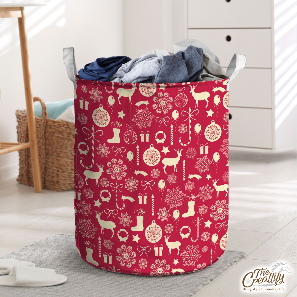 Happy Christmas With Reindeer, Christmas Balls, Socks, Candy Canes On Snowflake Background Laundry Basket