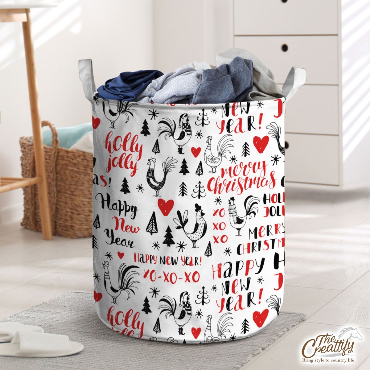 Holly Jolly, Merry Christmas With Turkey And Pine Tree Silhouette White Pattern Laundry Basket