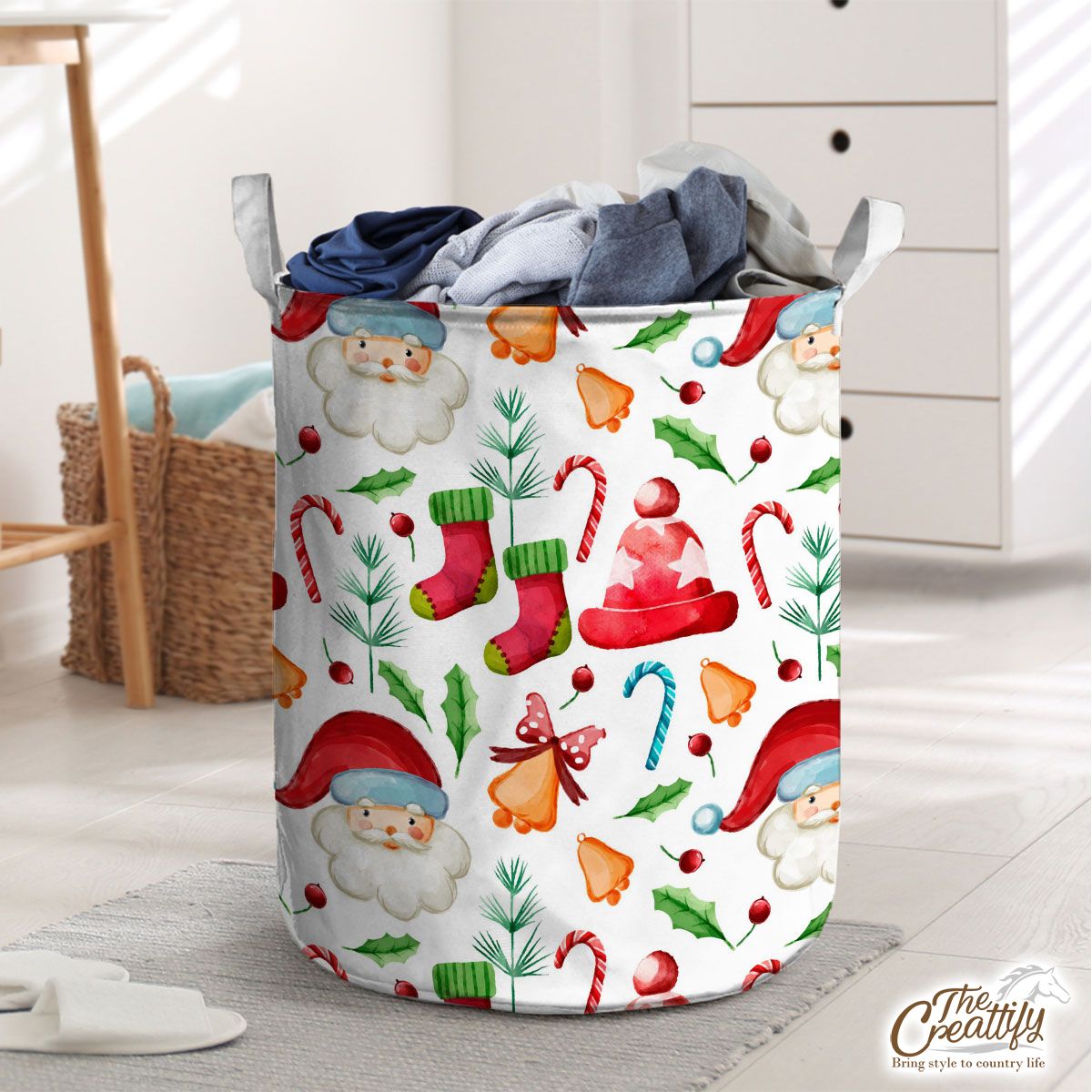 Santa Claus, Christmas Hat, Red Socks, Candy Canes, Bells And Holly Left Laundry Basket