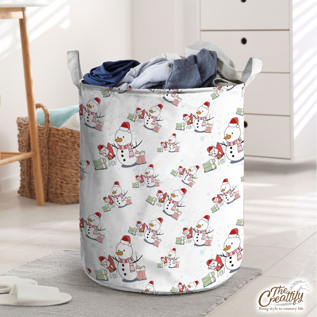 Snowman Clipart With Christmas Gifts Seamless Snowflake Background Laundry Basket