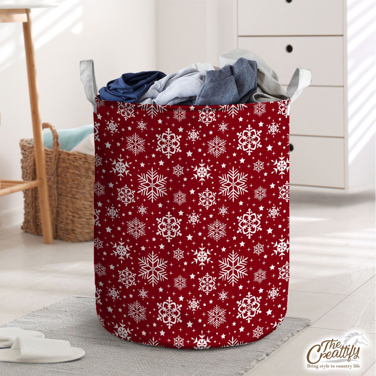 White Snowflake Clipart Seamless Red Pattern Laundry Basket