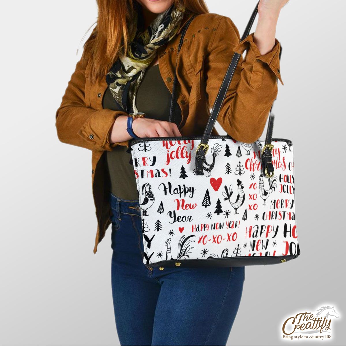 Holly Jolly, Merry Christmas With Turkey And Pine Tree Silhouette White Pattern Leather Tote Bag