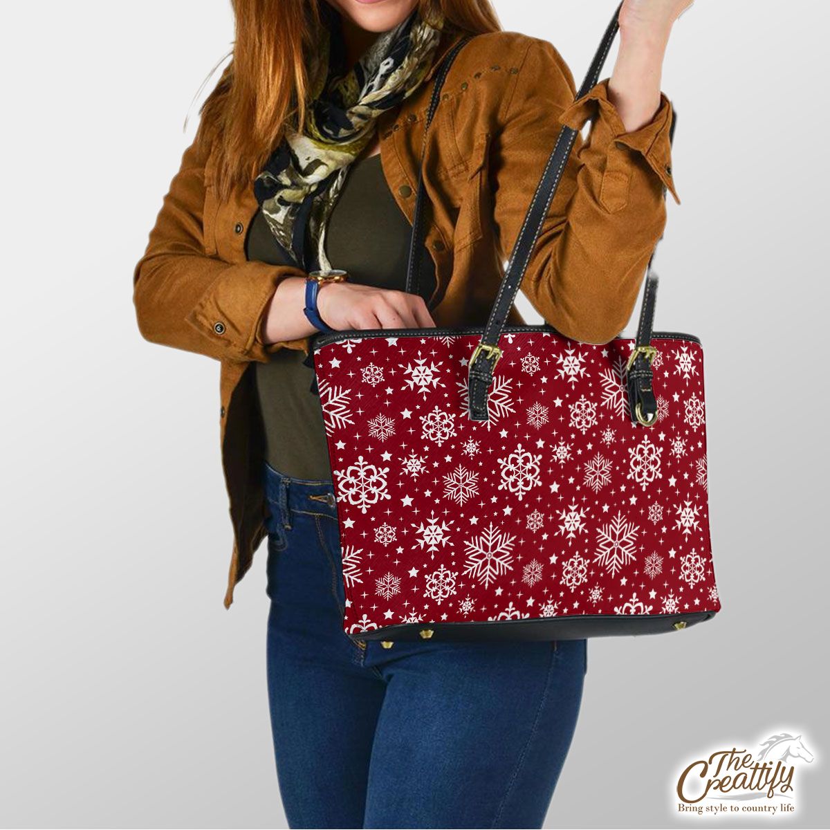 White Snowflake Clipart Seamless Red Pattern Leather Tote Bag