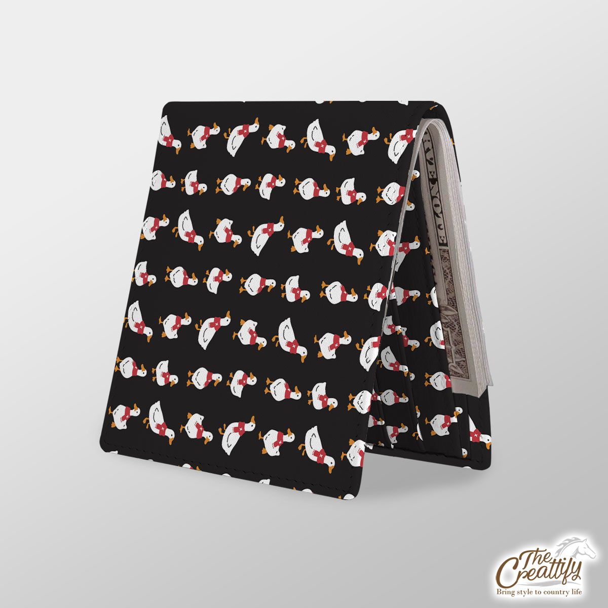 Duck With Christmas Scarf On The Dark Background Leather Wallet