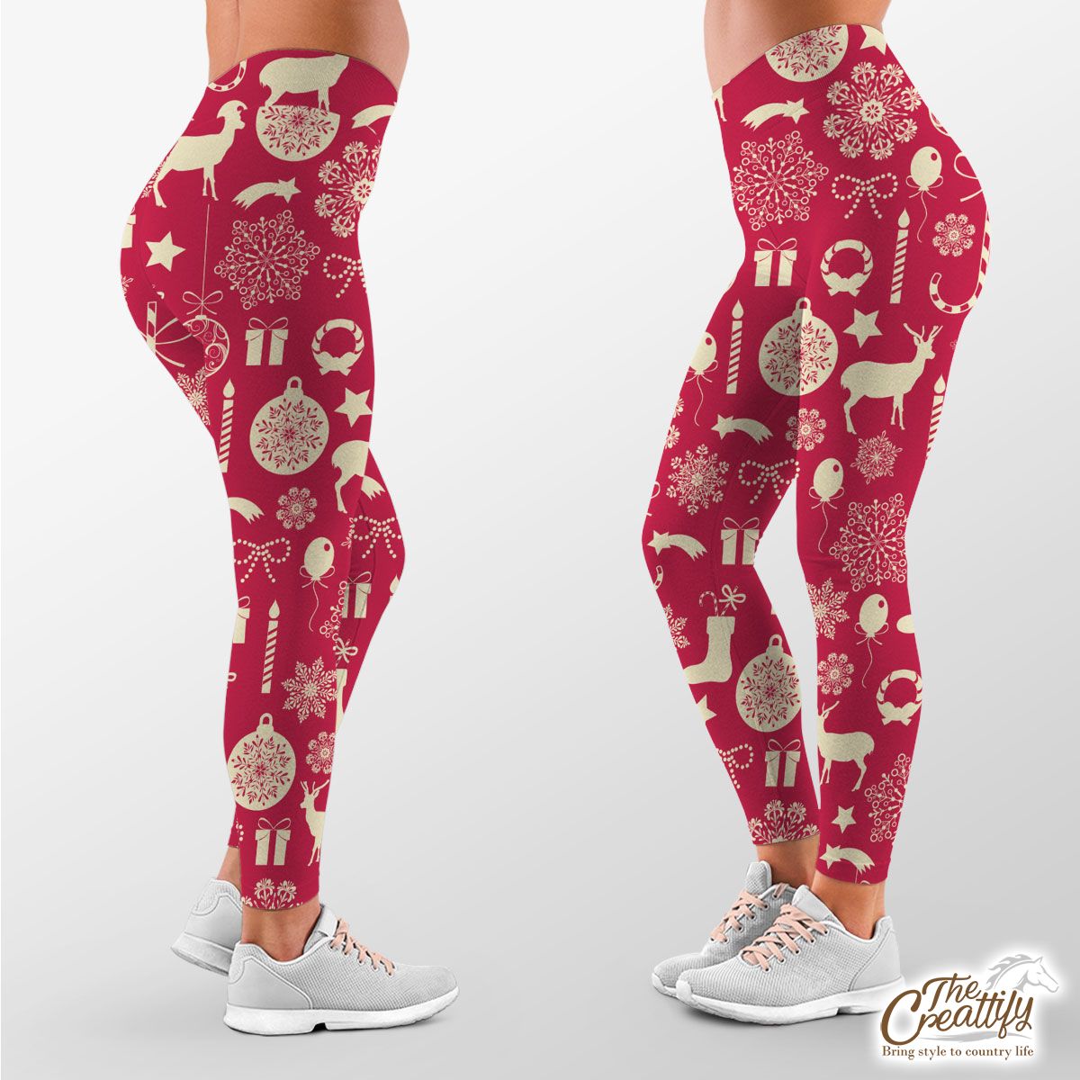 Happy Christmas With Reindeer, Christmas Balls, Socks, Candy Canes On Snowflake Background Legging