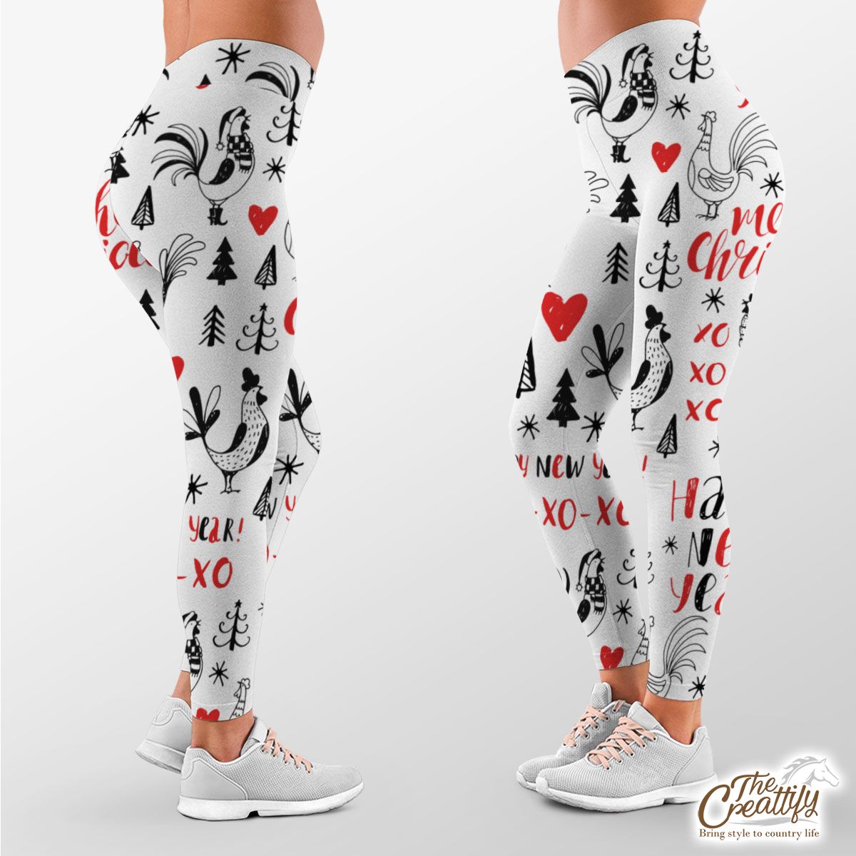 Holly Jolly, Merry Christmas With Turkey And Pine Tree Silhouette White Pattern Legging