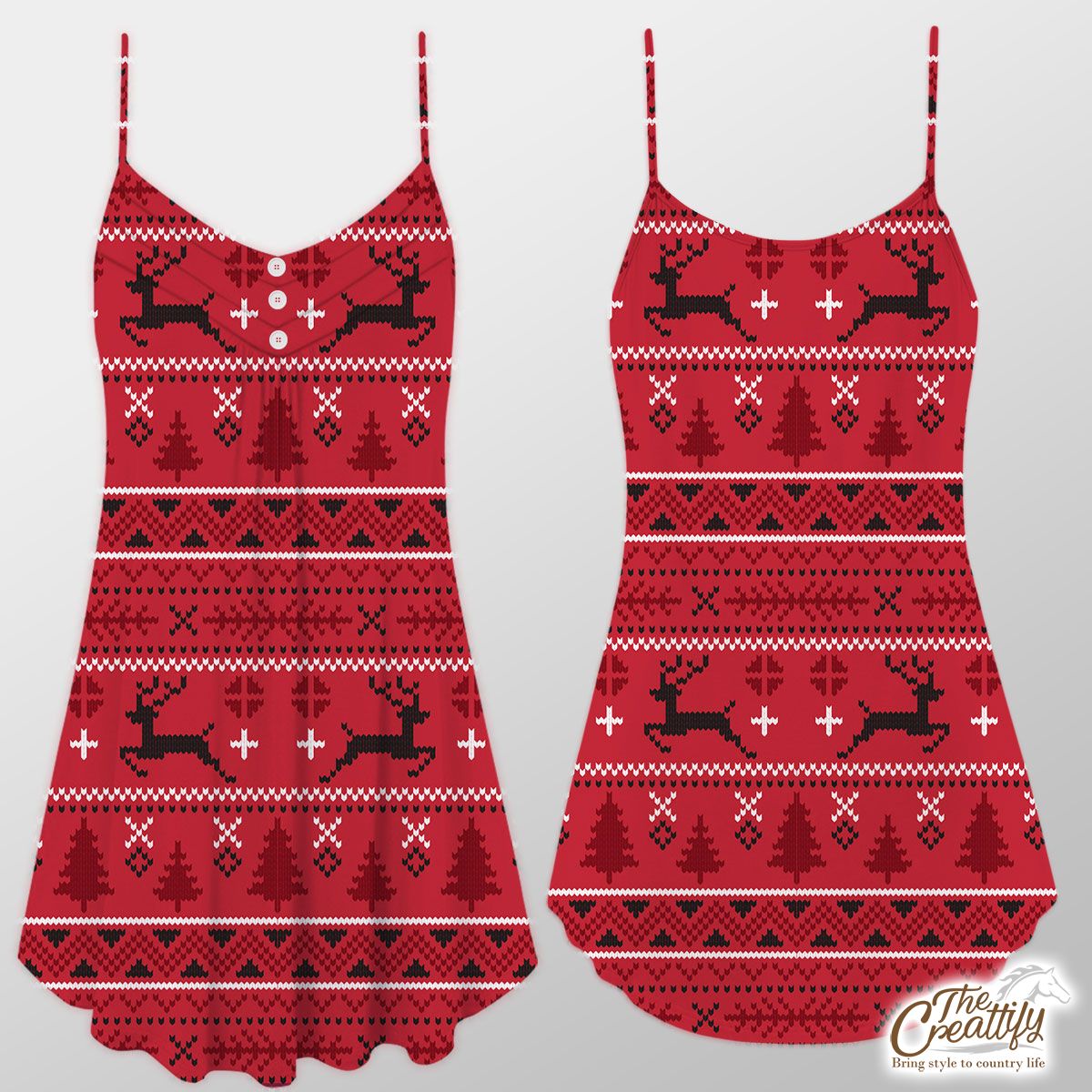 Christmas Reindeer, Pine Tree Silhouette On The Red Background Suspender Dress
