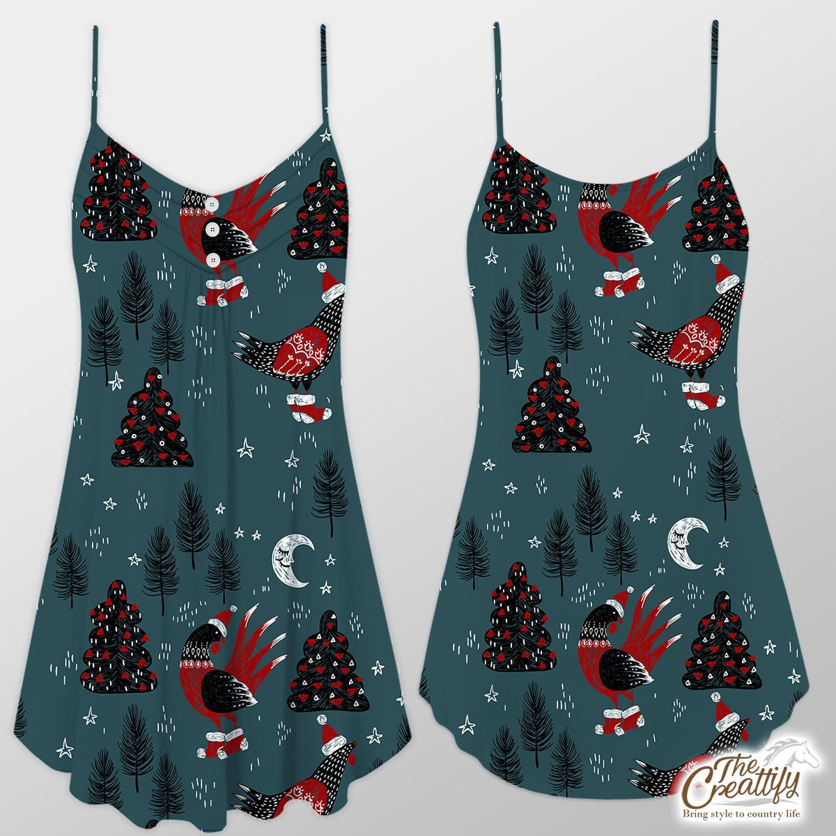 Christmas Turkey With Santa Hat, Sweater And Red Socks On The Pine Tree Background Suspender Dress