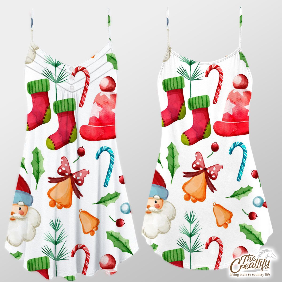 Santa Claus, Christmas Hat, Red Socks, Candy Canes, Bells And Holly Left Suspender Dress