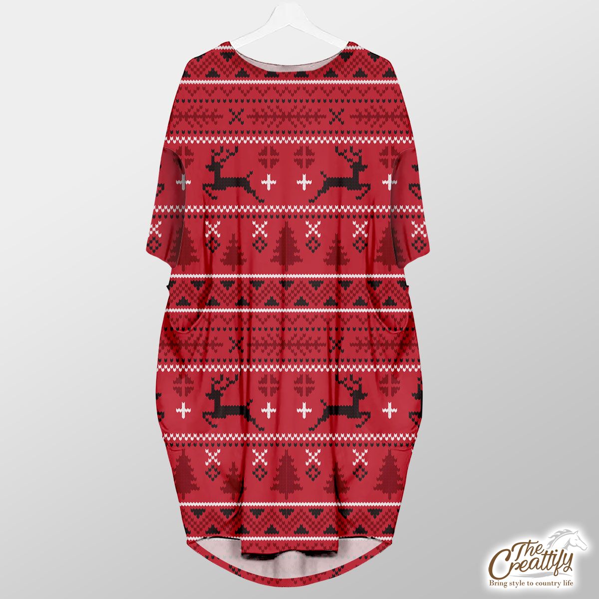 Christmas Reindeer, Pine Tree Silhouette On The Red Background Pocket Dress