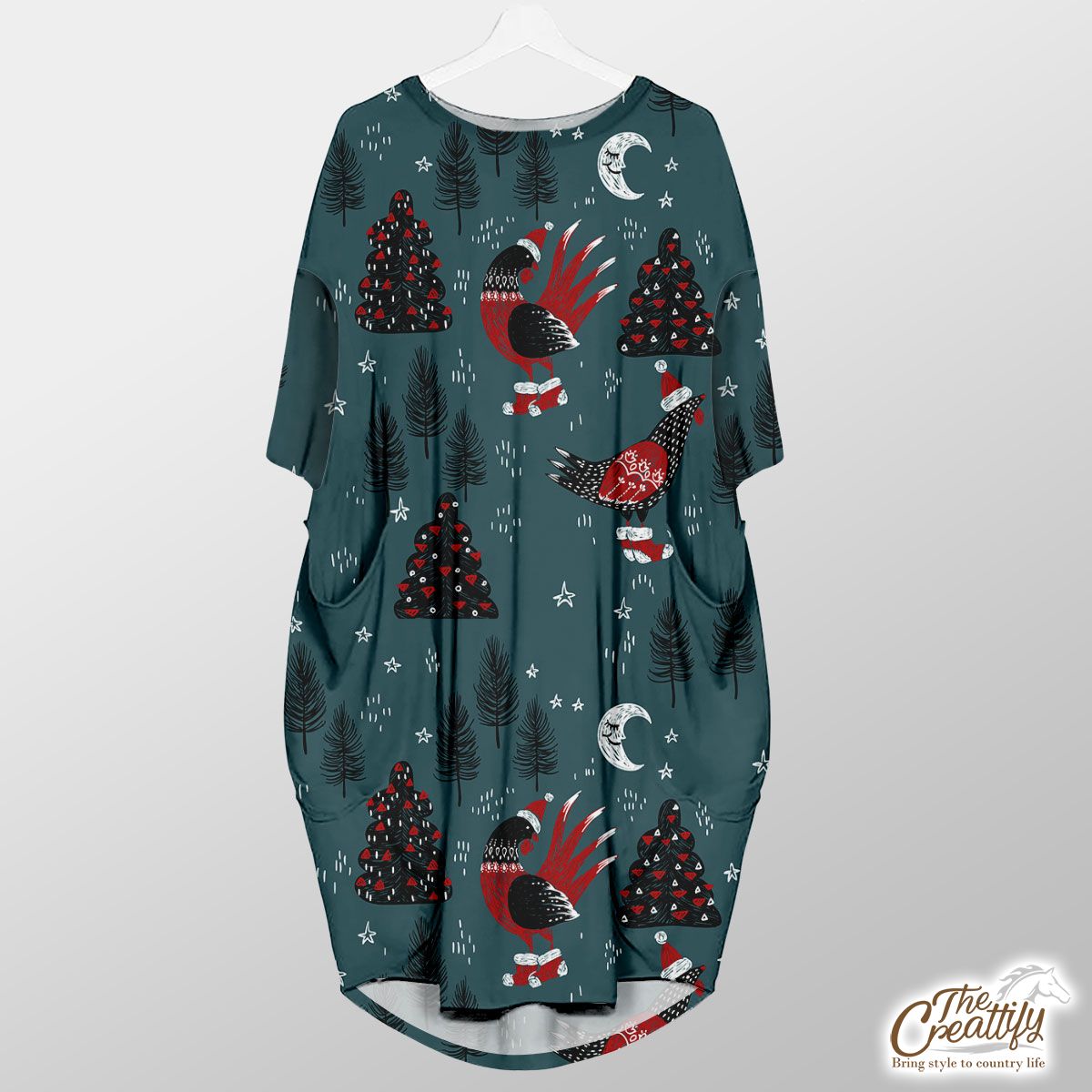 Christmas Turkey With Santa Hat, Sweater And Red Socks On The Pine Tree Background Pocket Dress