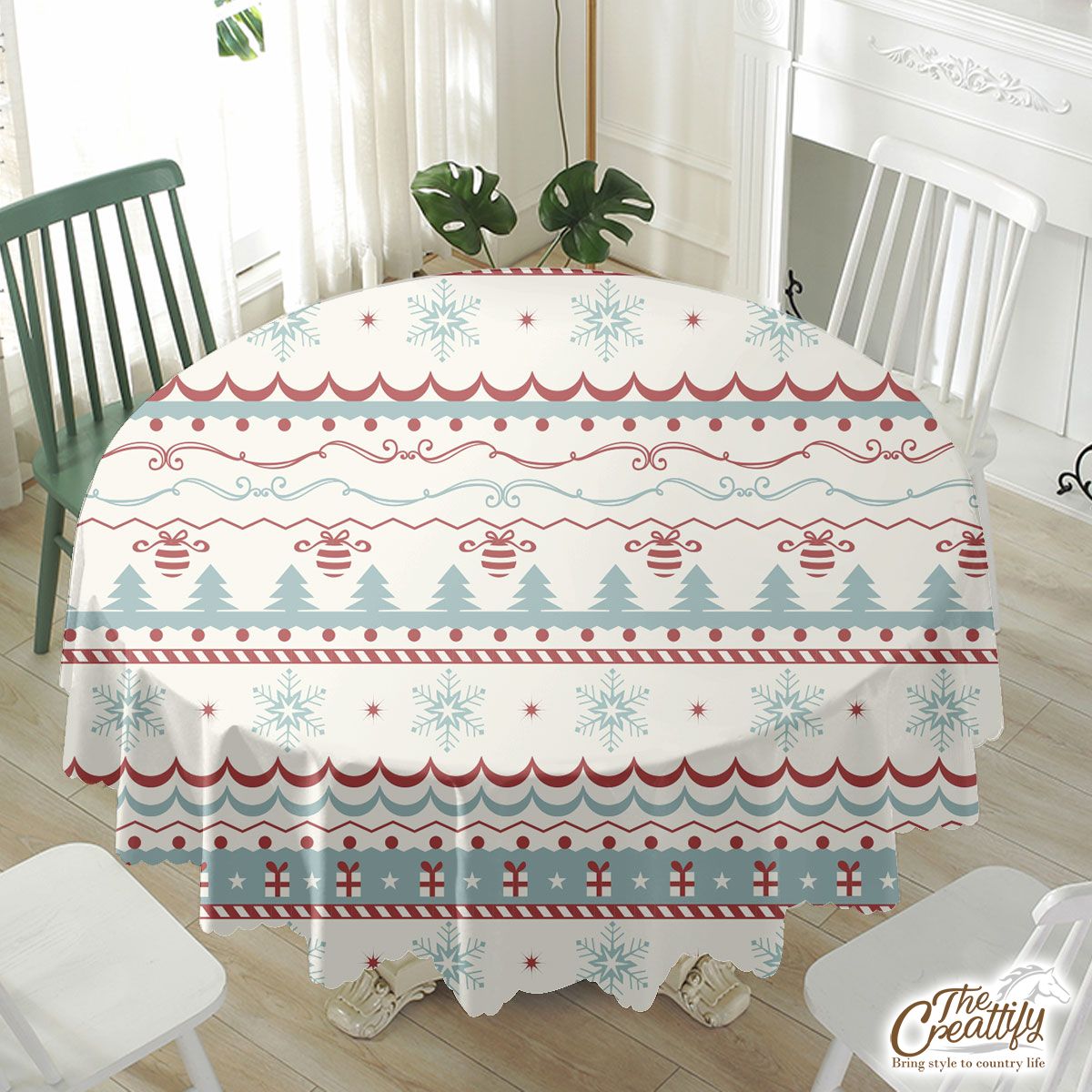 Christmas Gifts, Snowflake And Pine Tree Silhouette Pattern Waterproof Tablecloth