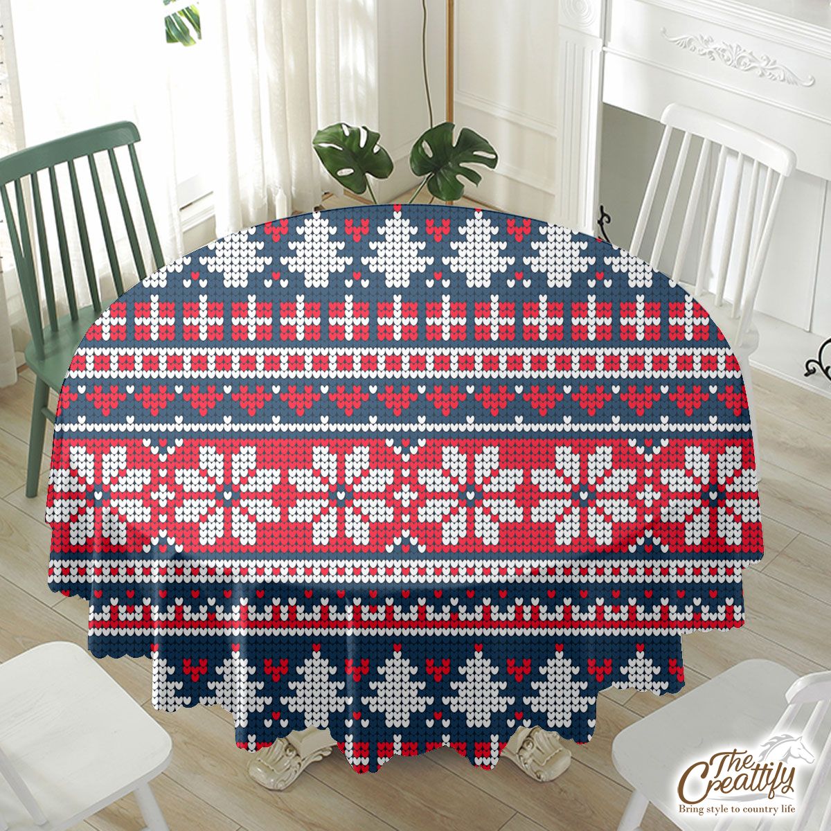 Christmas Gifts, Snowflake And Pine Tree Silhouette Seamless Pattern Waterproof Tablecloth