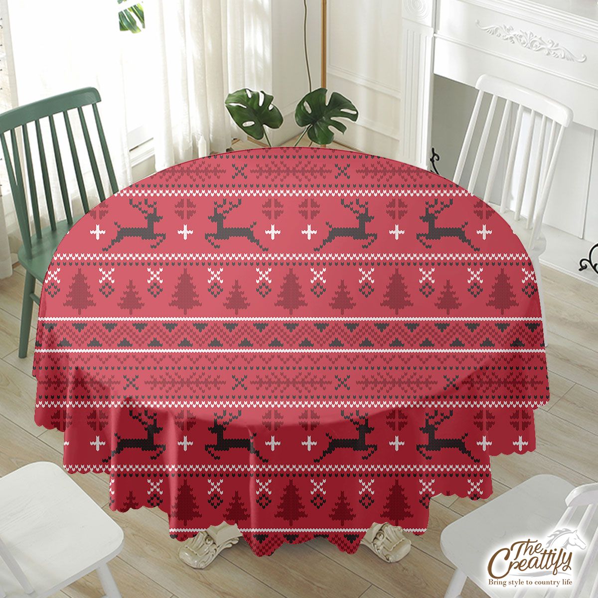 Christmas Reindeer, Pine Tree Silhouette On The Red Background Waterproof Tablecloth