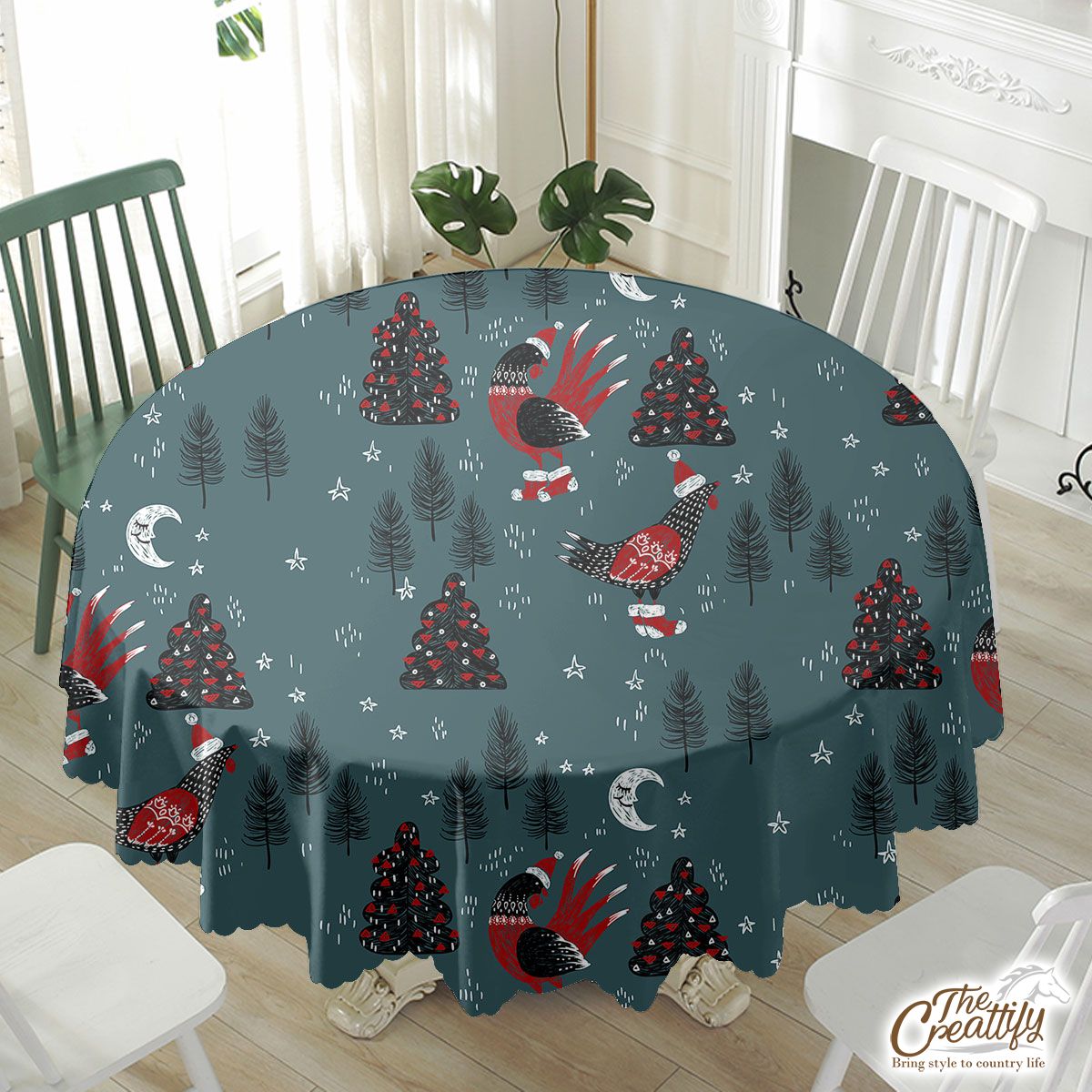Christmas Turkey With Santa Hat, Sweater And Red Socks On The Pine Tree Background Waterproof Tablecloth