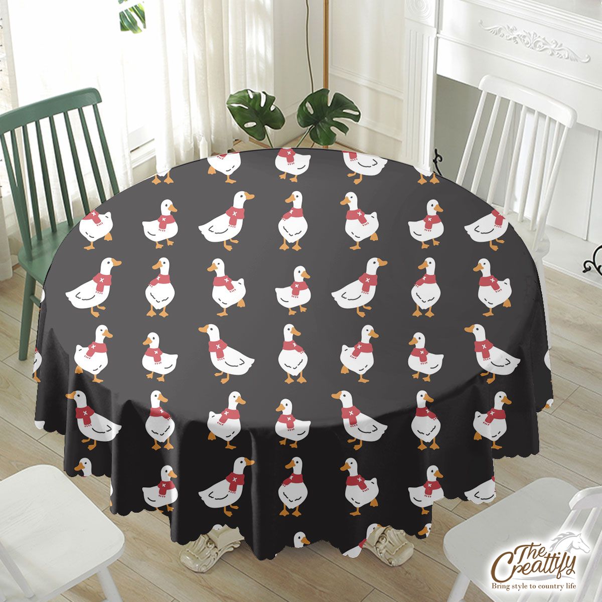 Duck With Christmas Scarf On The Dark Background Waterproof Tablecloth
