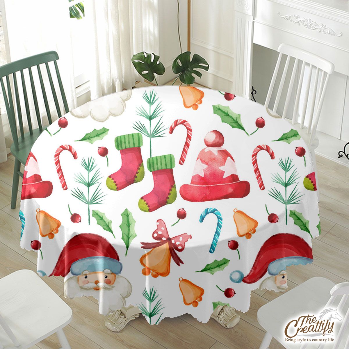 Santa Claus, Christmas Hat, Red Socks, Candy Canes, Bells And Holly Left Waterproof Tablecloth