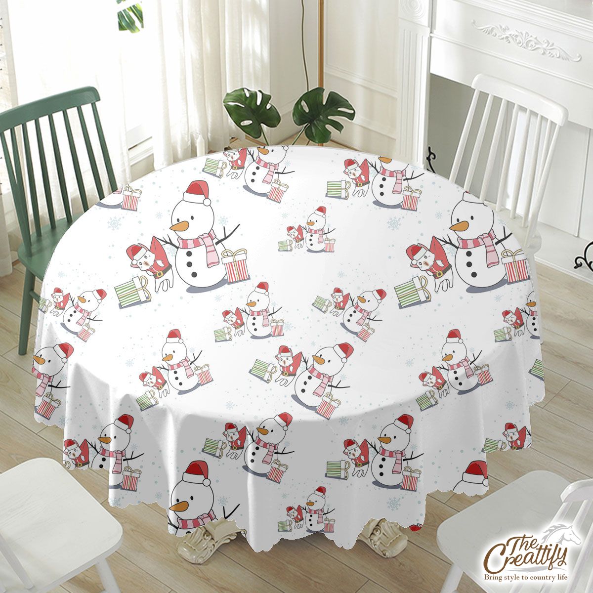 Snowman Clipart With Christmas Gifts Seamless Snowflake Background Waterproof Tablecloth
