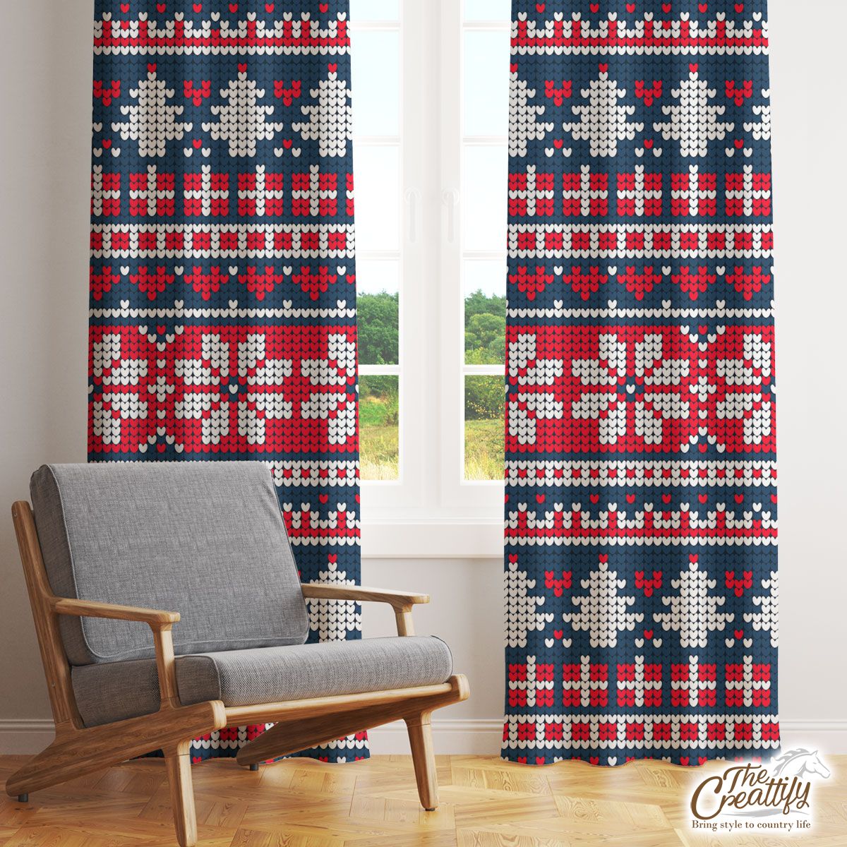 Christmas Gifts, Snowflake And Pine Tree Silhouette Seamless Pattern Window Curtain