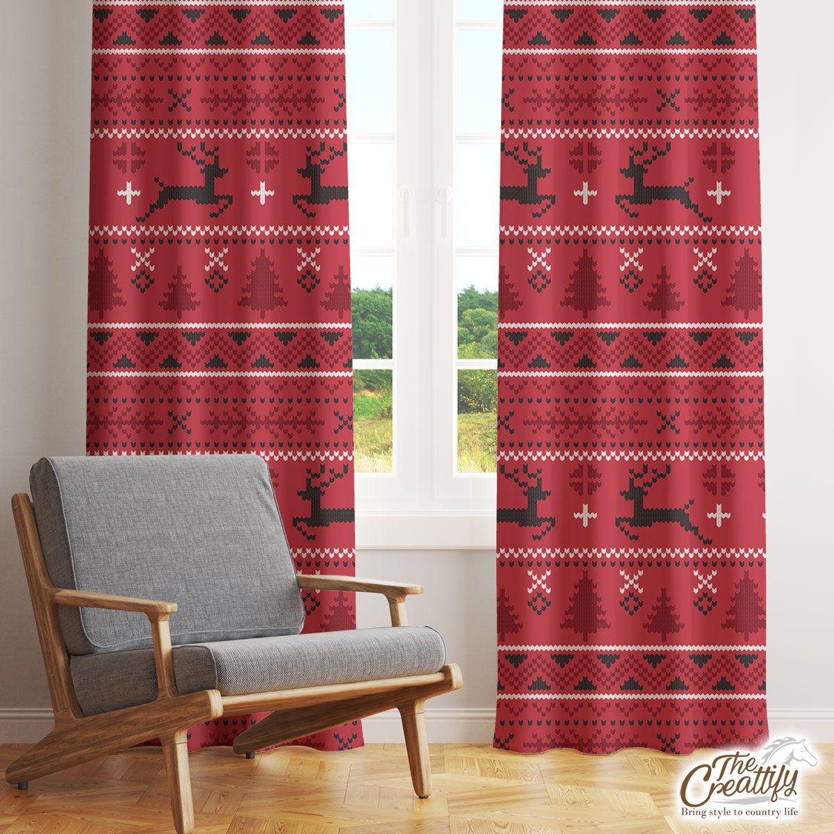Christmas Reindeer, Pine Tree Silhouette On The Red Background Window Curtain
