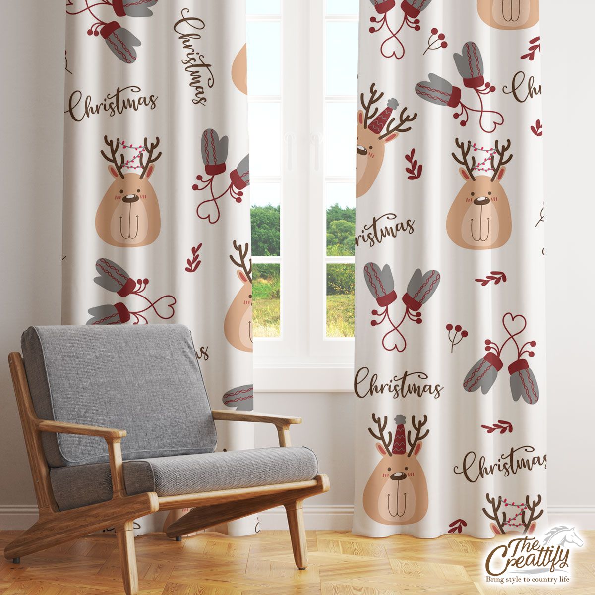 Christmas Santas Reindeer And Wool Gloves Pattern Window Curtain