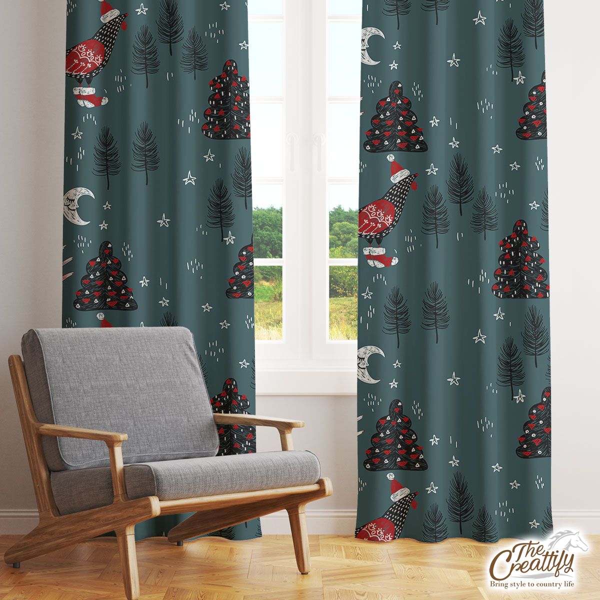 Christmas Turkey With Santa Hat, Sweater And Red Socks On The Pine Tree Background Window Curtain