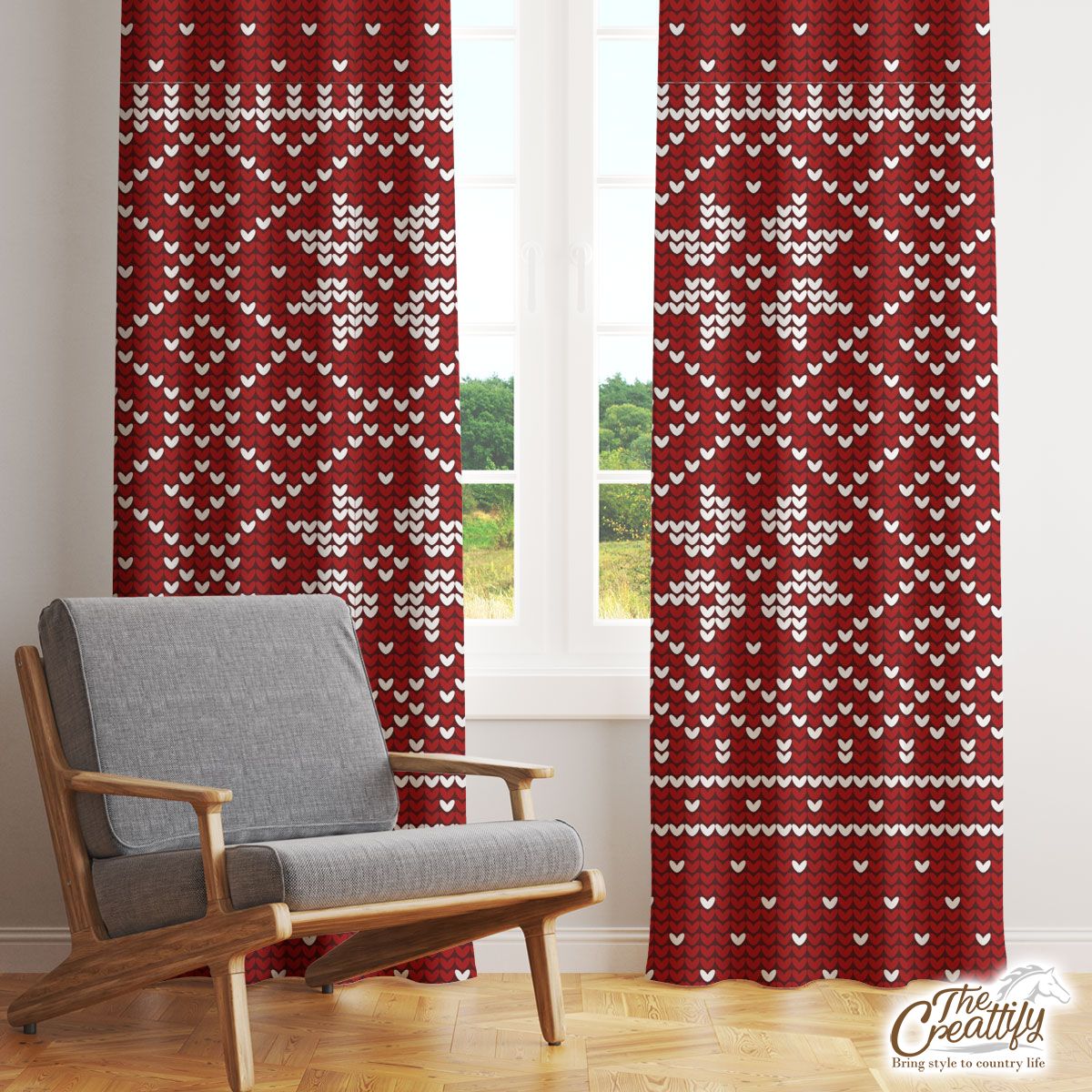 Christmas White Snowflake On Red Window Curtain