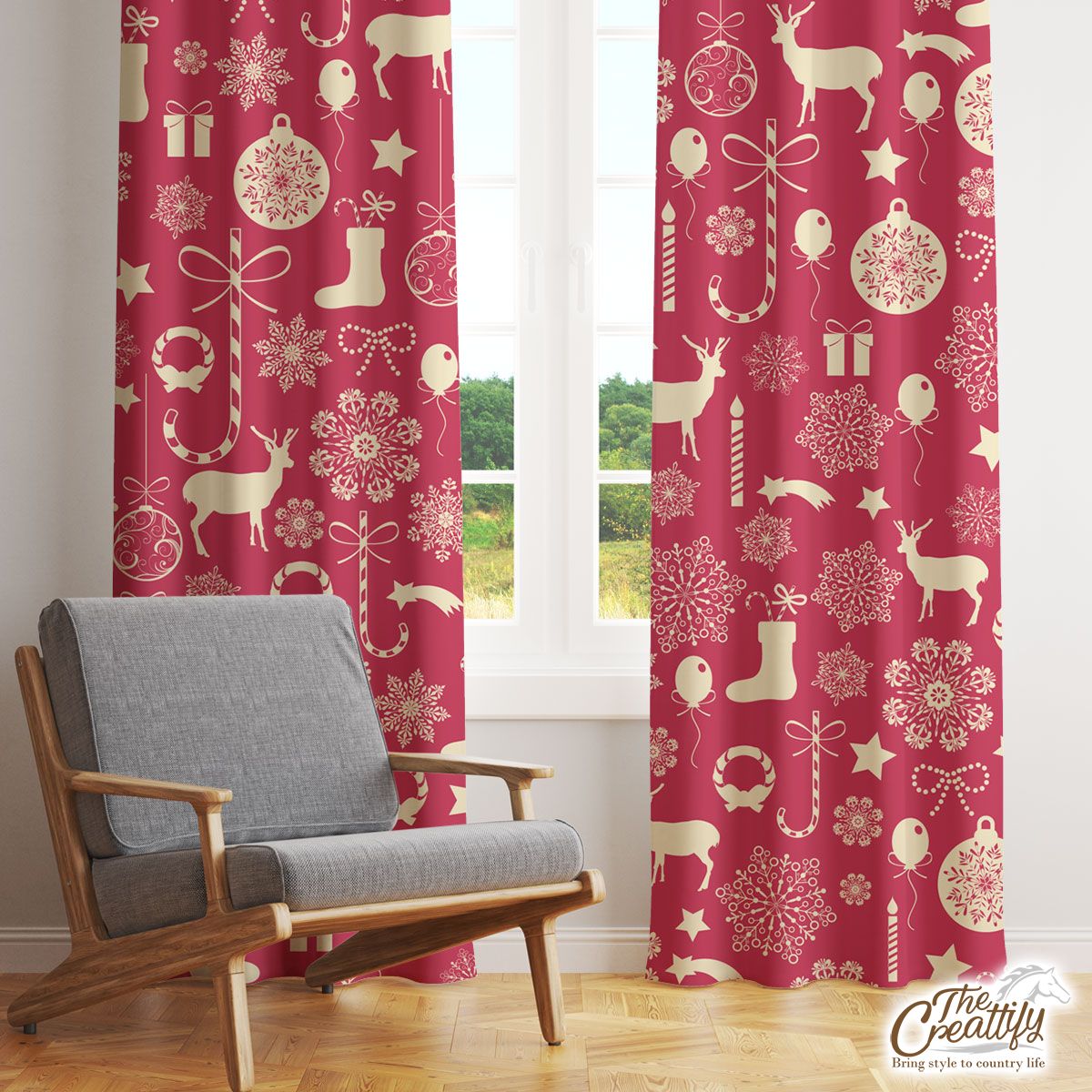Happy Christmas With Reindeer, Christmas Balls, Socks, Candy Canes On Snowflake Background Window Curtain