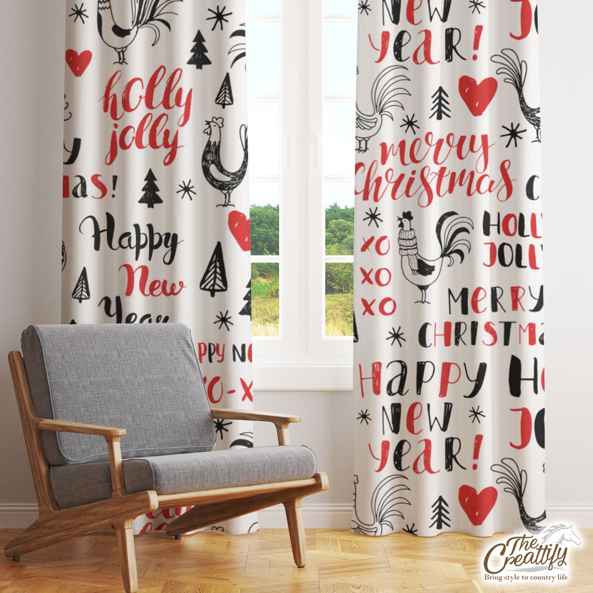 Holly Jolly, Merry Christmas With Turkey And Pine Tree Silhouette White Pattern Window Curtain