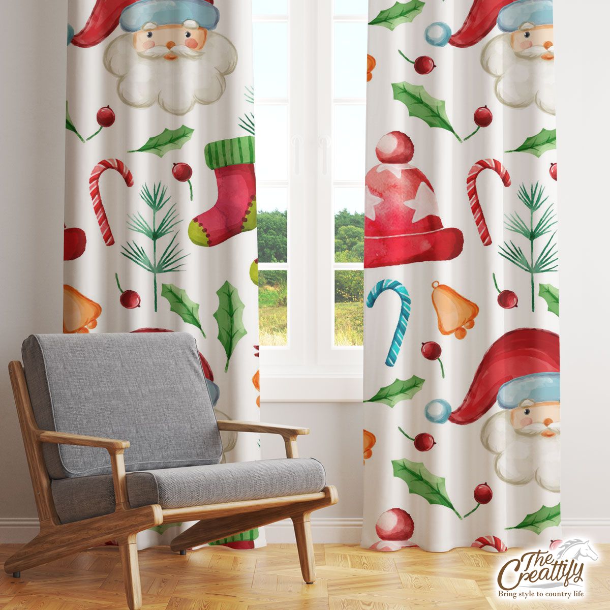 Santa Claus, Christmas Hat, Red Socks, Candy Canes, Bells And Holly Left Window Curtain