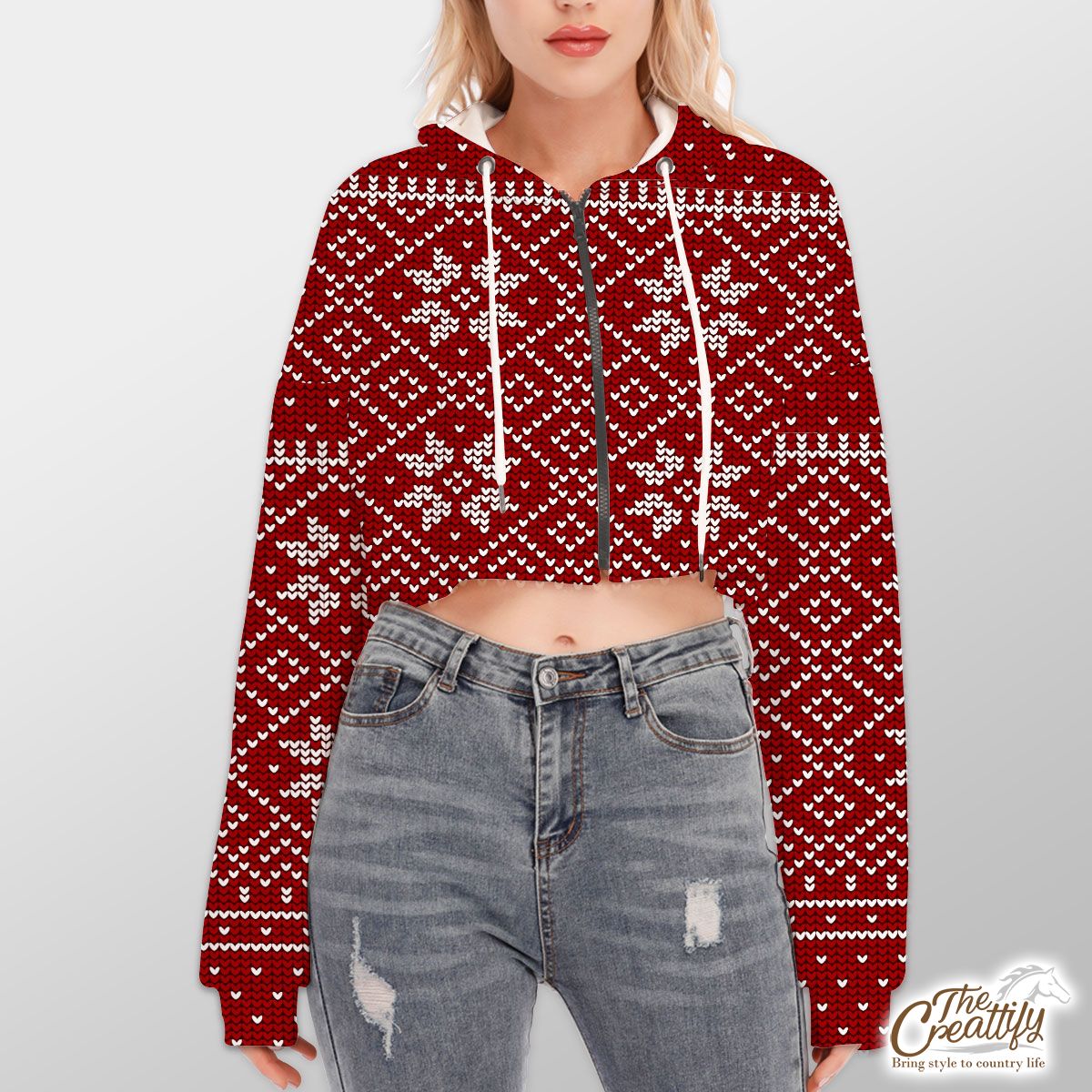 Christmas White Snowflake On Red Hoodie With Zipper Closure