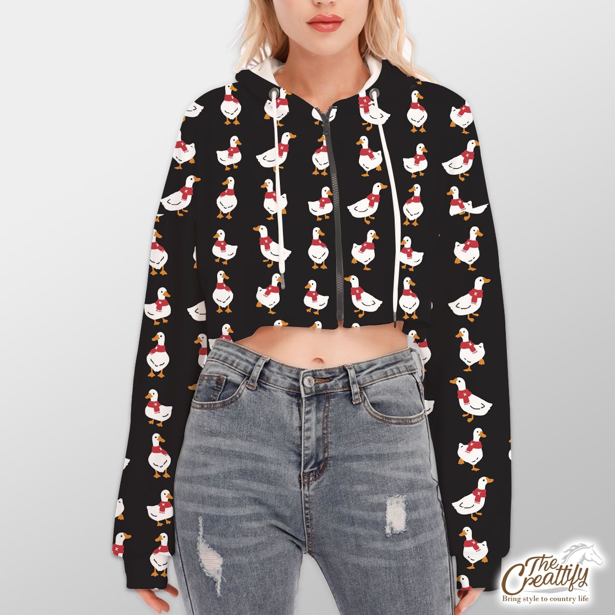 Duck With Christmas Scarf On The Dark Background Hoodie With Zipper Closure