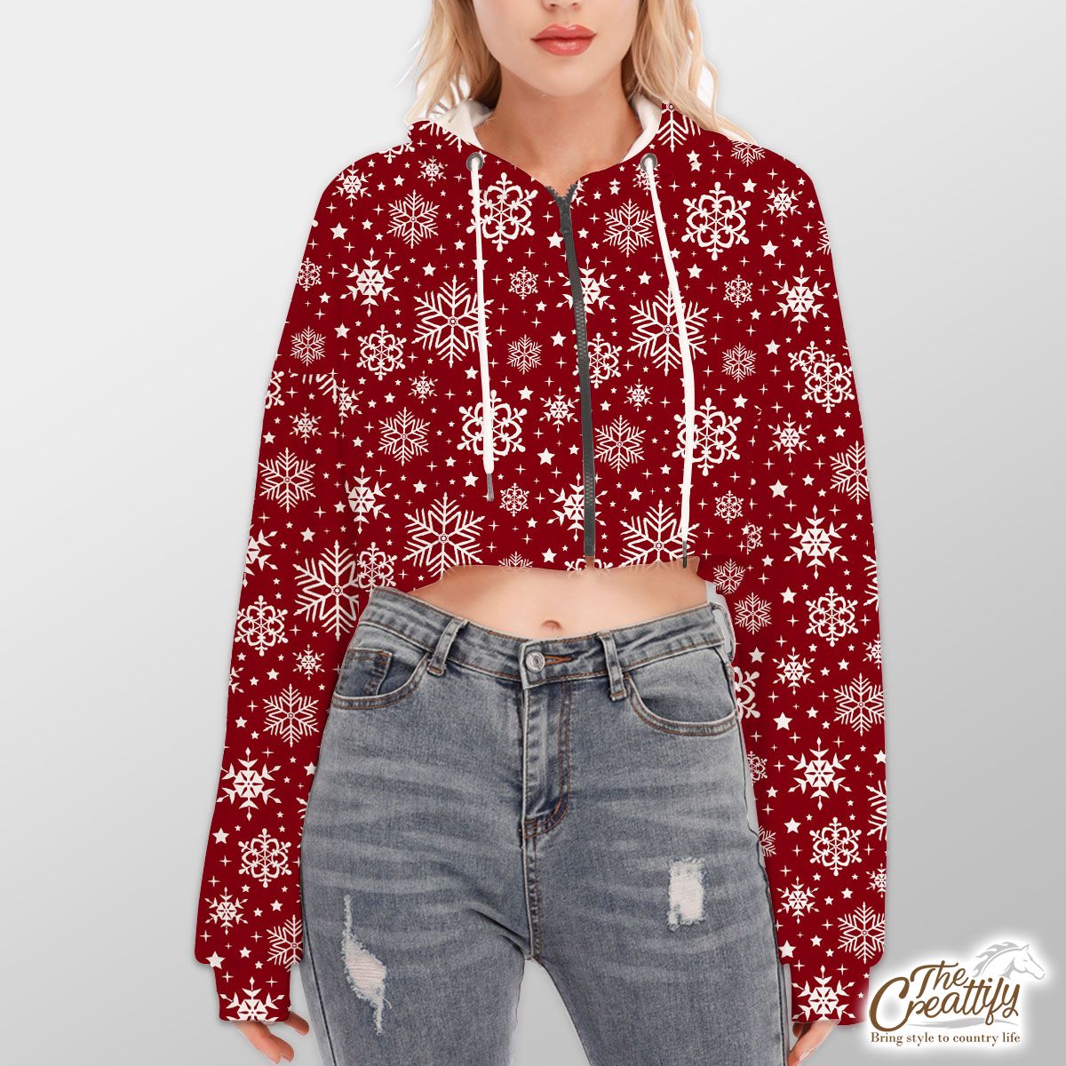 White Snowflake Clipart Seamless Red Pattern Hoodie With Zipper Closure