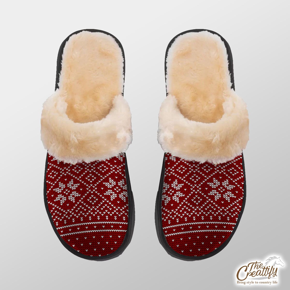 Christmas White Snowflake On Red Home Plush Slippers