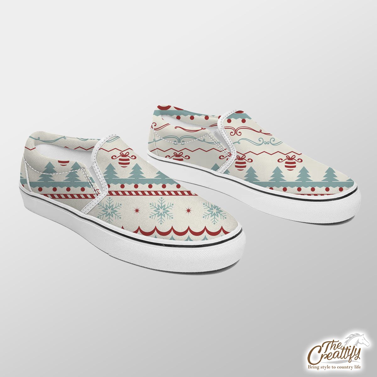 Christmas Gifts, Snowflake And Pine Tree Silhouette Pattern Slip On Sneakers