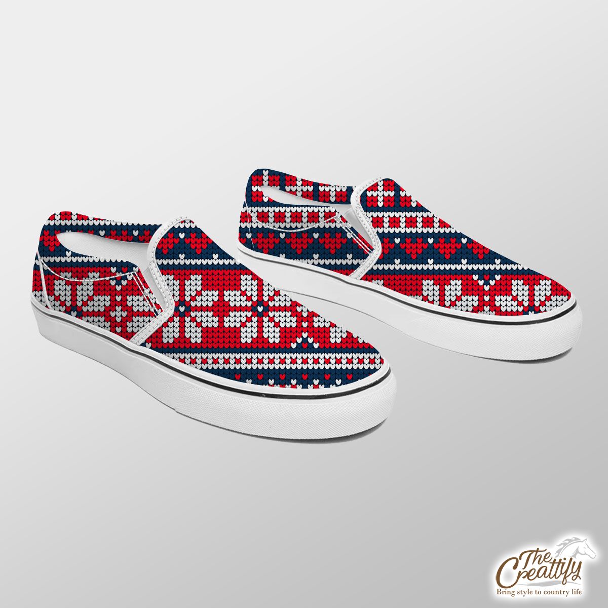 Christmas Gifts, Snowflake And Pine Tree Silhouette Seamless Pattern Slip On Sneakers