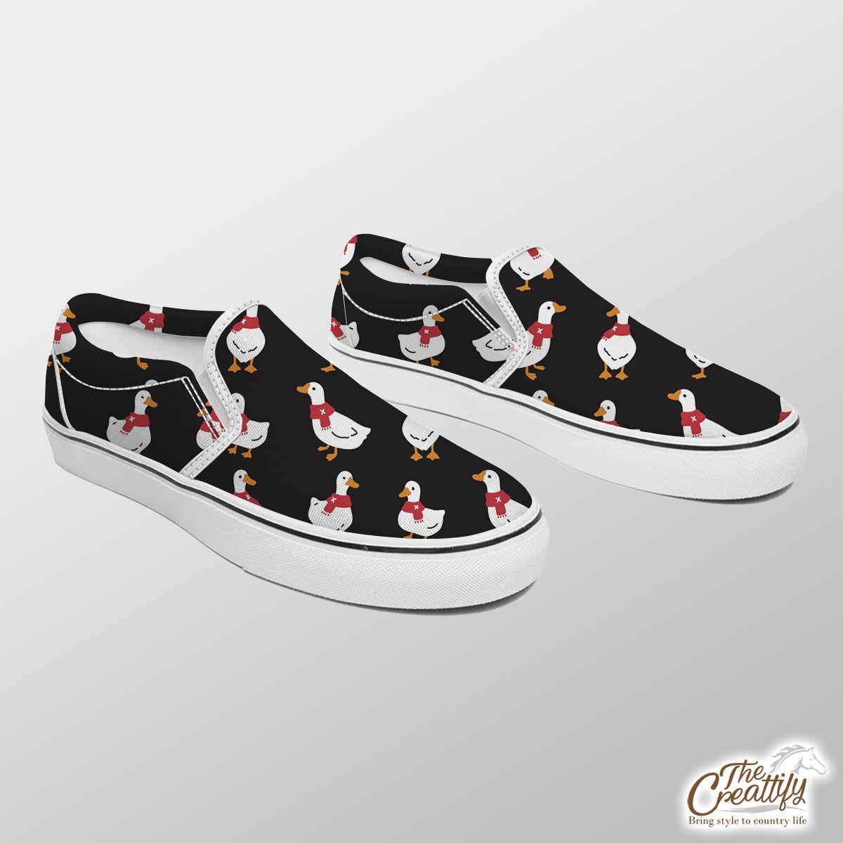 Duck With Christmas Scarf On The Dark Background Slip On Sneakers