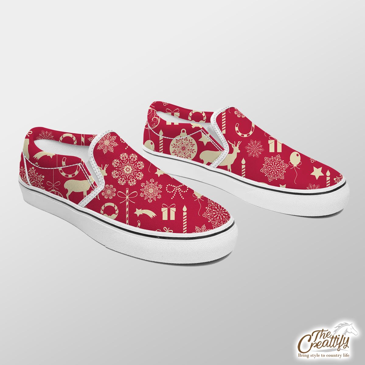 Happy Christmas With Reindeer, Christmas Balls, Socks, Candy Canes On Snowflake Background Slip On Sneakers